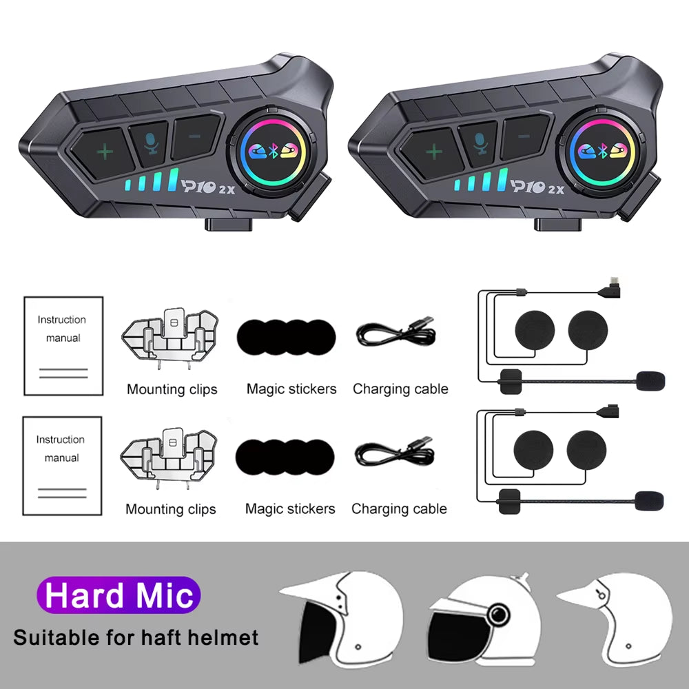 1/2X Motorcycle Intercom Headset Helmet BT 5.3 for 2 Riders Intercommunicator 300M Waterproof Music Sharing Interphone