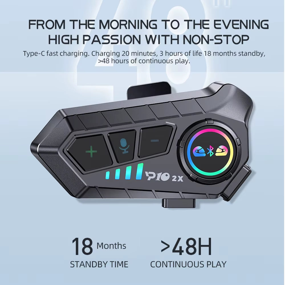 1/2X Motorcycle Intercom Headset Helmet BT 5.3 for 2 Riders Intercommunicator 300M Waterproof Music Sharing Interphone