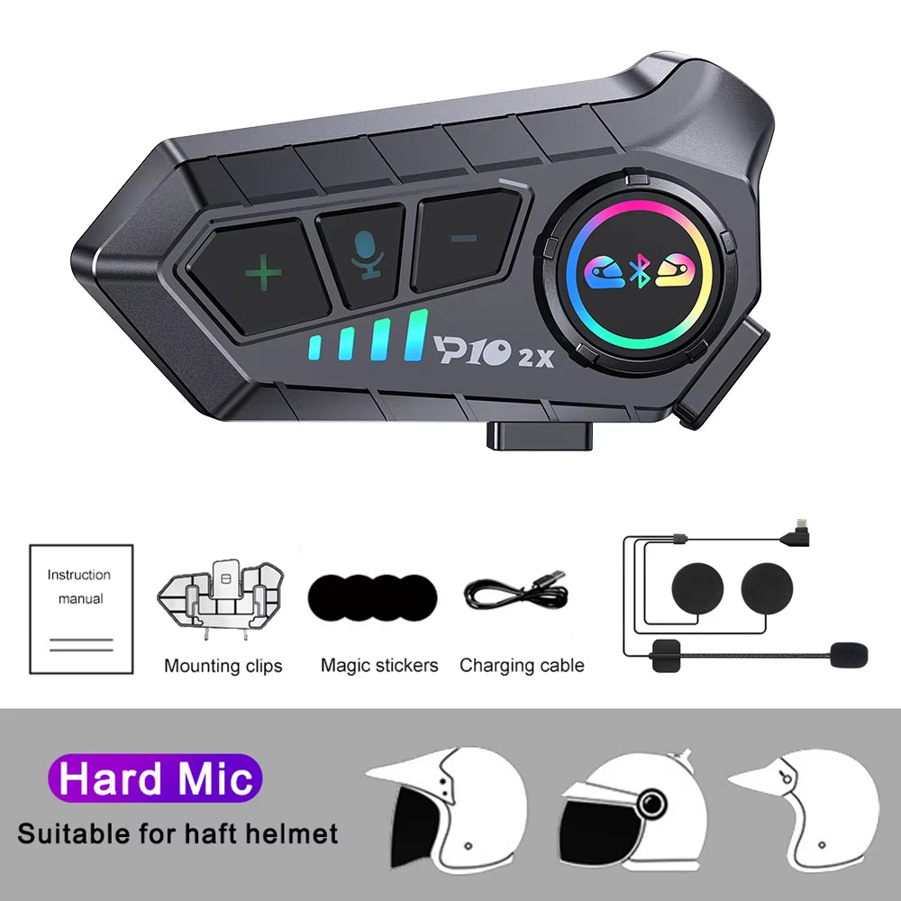 1/2X Motorcycle Intercom Headset Helmet BT 5.3 for 2 Riders Intercommunicator 300M Waterproof Music Sharing Interphone