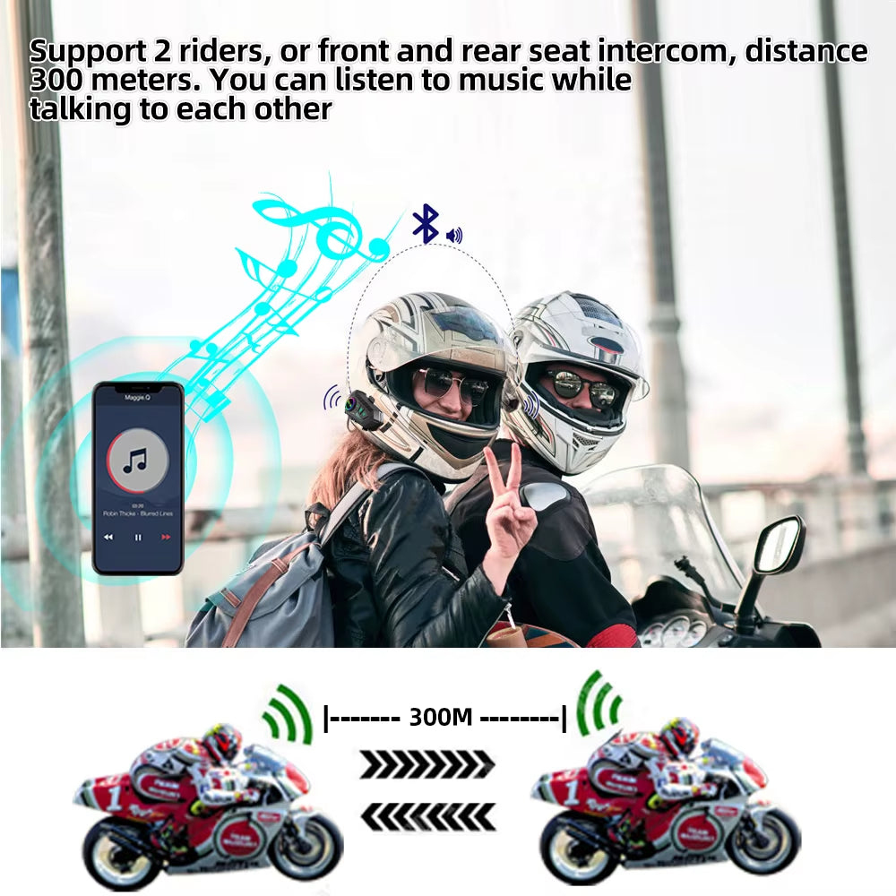 1/2X Motorcycle Intercom Headset Helmet BT 5.3 for 2 Riders Intercommunicator 300M Waterproof Music Sharing Interphone