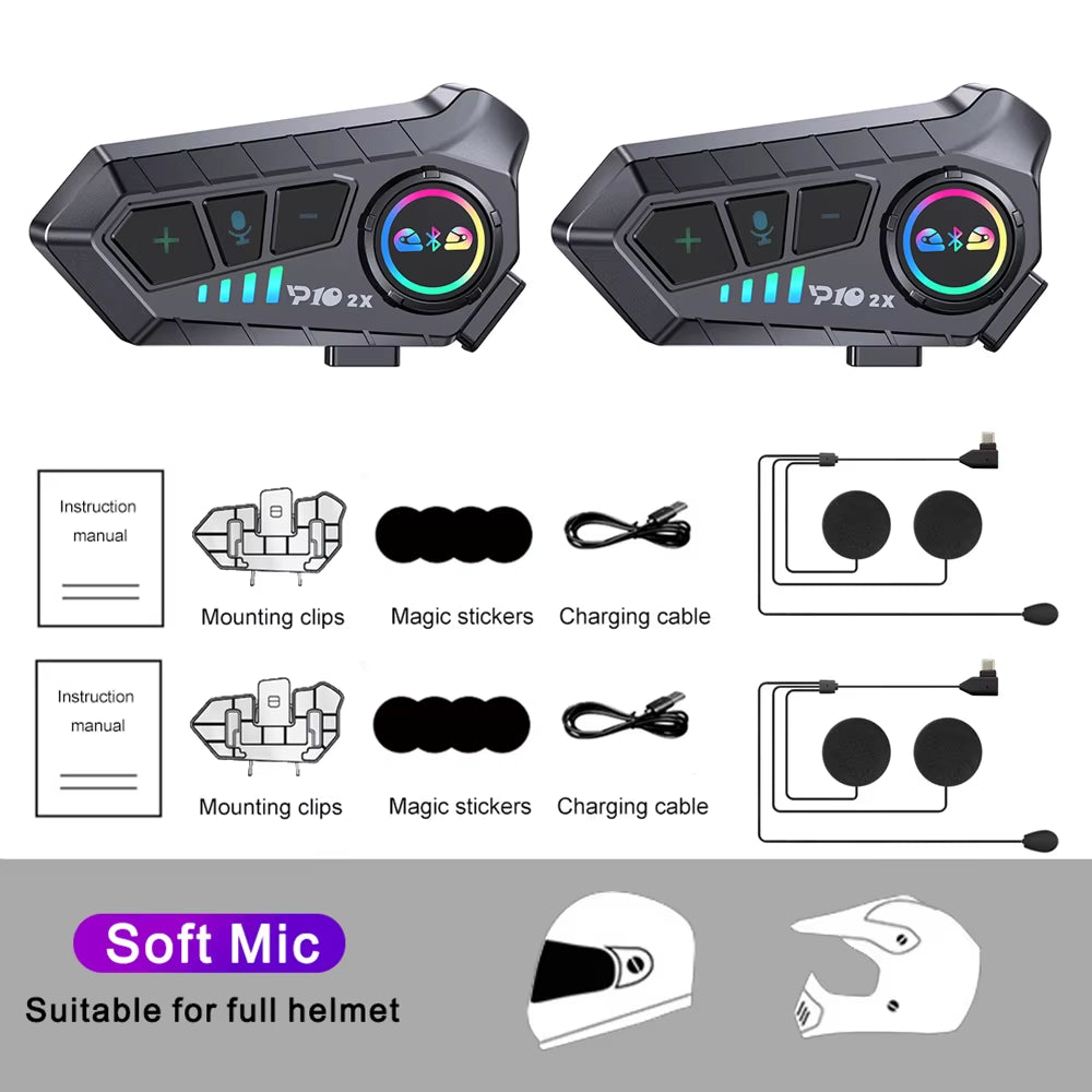 1/2X Motorcycle Intercom Headset Helmet BT 5.3 for 2 Riders Intercommunicator 300M Waterproof Music Sharing Interphone