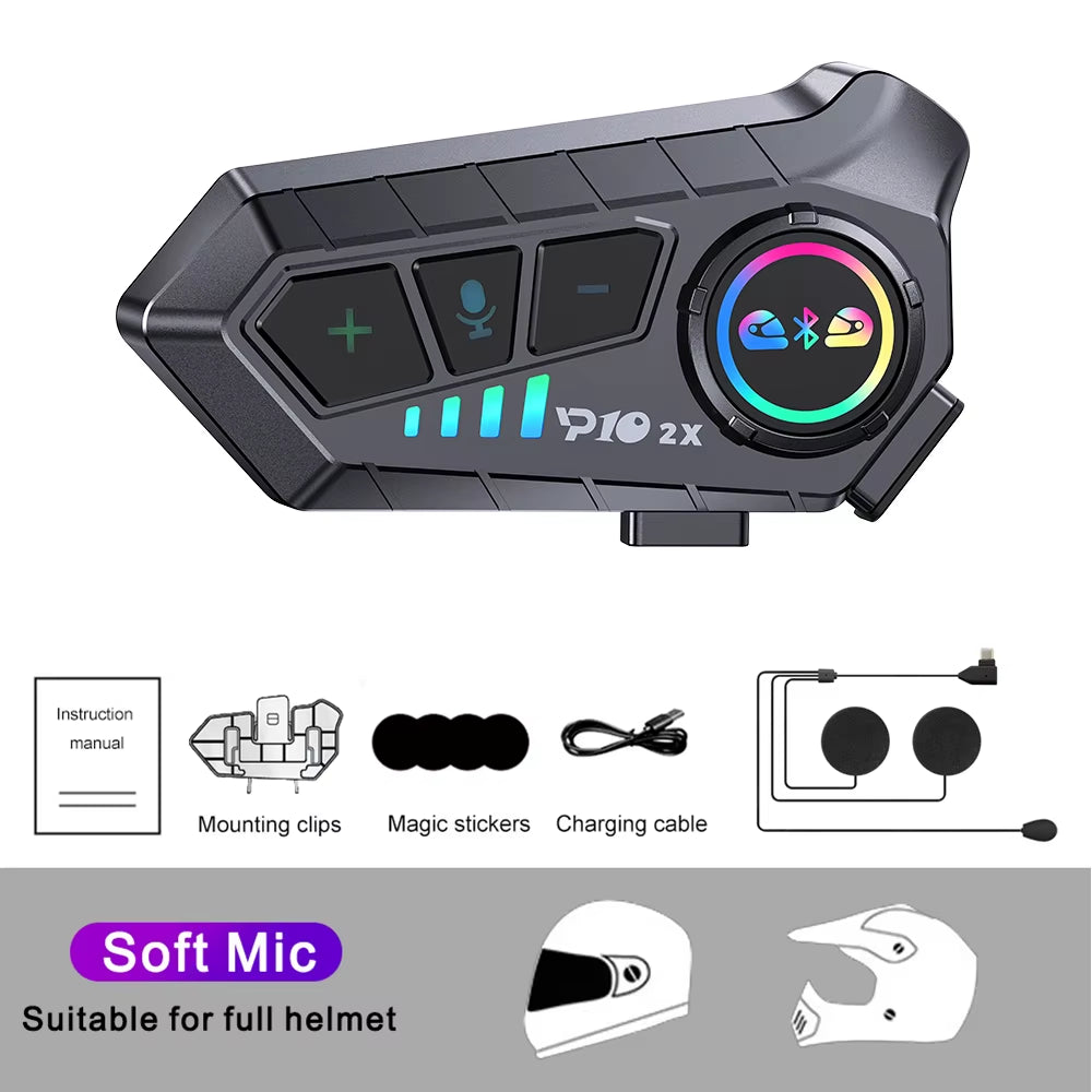 1/2X Motorcycle Intercom Headset Helmet BT 5.3 for 2 Riders Intercommunicator 300M Waterproof Music Sharing Interphone